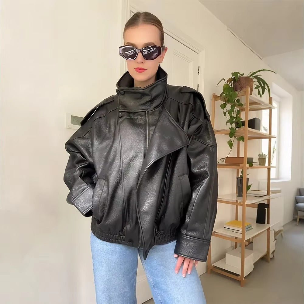 Women's Biker Jacket with Asymmetric Zip and Faux Leather Finish - 8