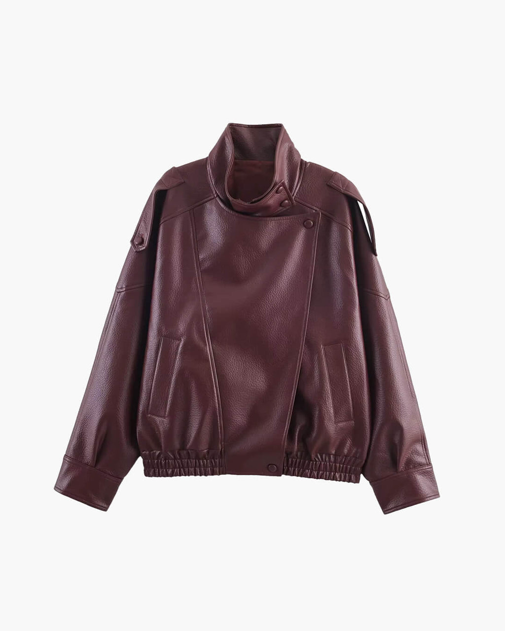 Women's Biker Jacket with Asymmetric Zip and Faux Leather Finish - Red
