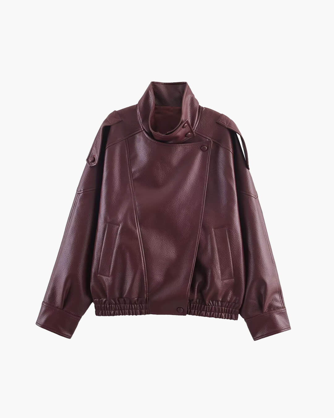 Women's Biker Jacket with Asymmetric Zip and Faux Leather Finish - Red