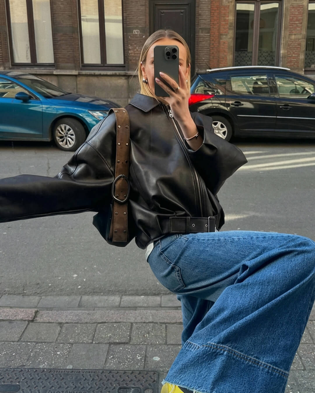 Unisex Oversized Biker Jacket with Belted Waist and Collar - Black