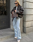 Unisex Oversized Biker Jacket with Belted Waist and Collar - 6