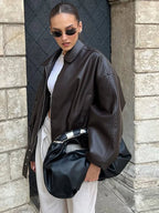 Unisex Oversized Biker Jacket with Belted Waist and Collar - Brown