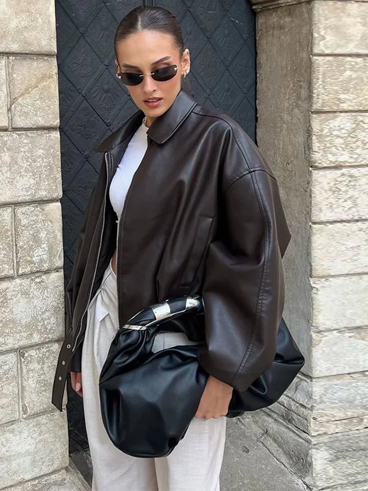 Unisex Oversized Biker Jacket with Belted Waist and Collar - Brown