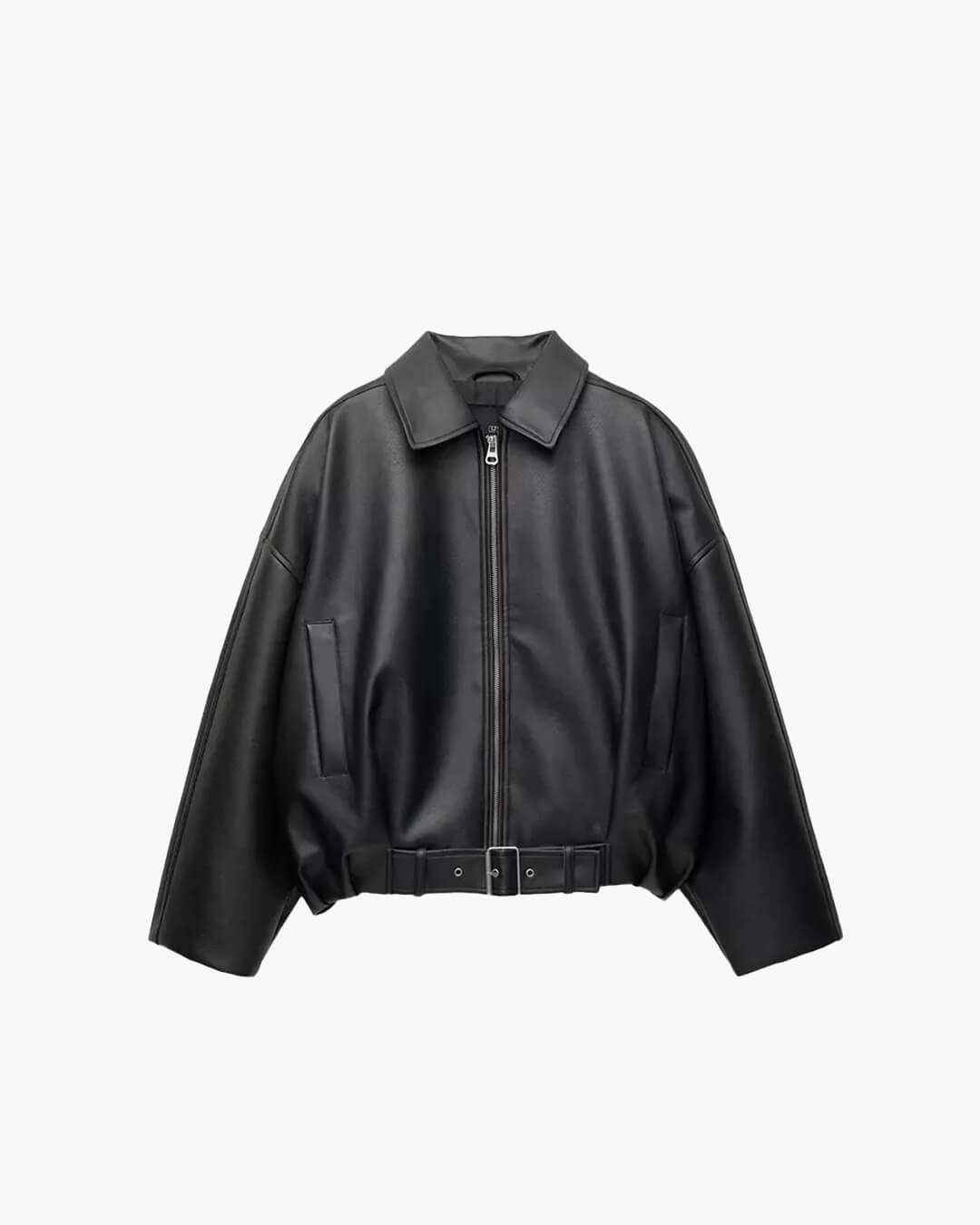Unisex Oversized Biker Jacket with Belted Waist and Collar - 10