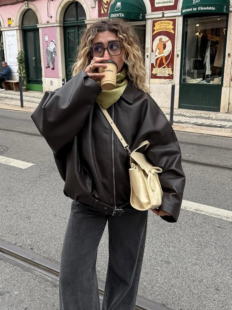 Unisex Oversized Biker Jacket with Belted Waist and Collar - Brown