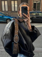 Unisex Oversized Biker Jacket with Belted Waist and Collar - Black