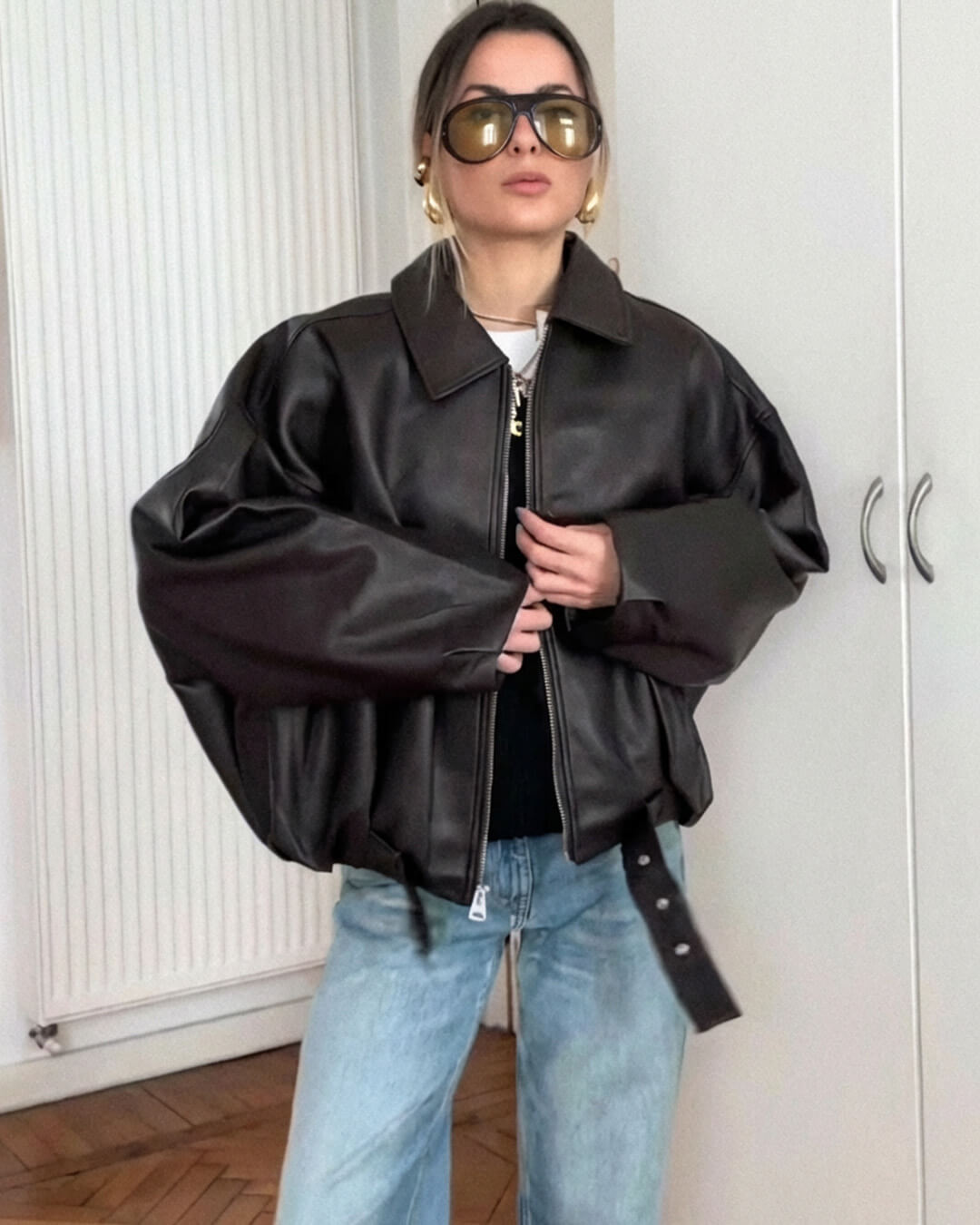 Unisex Oversized Biker Jacket with Belted Waist and Collar - Brown