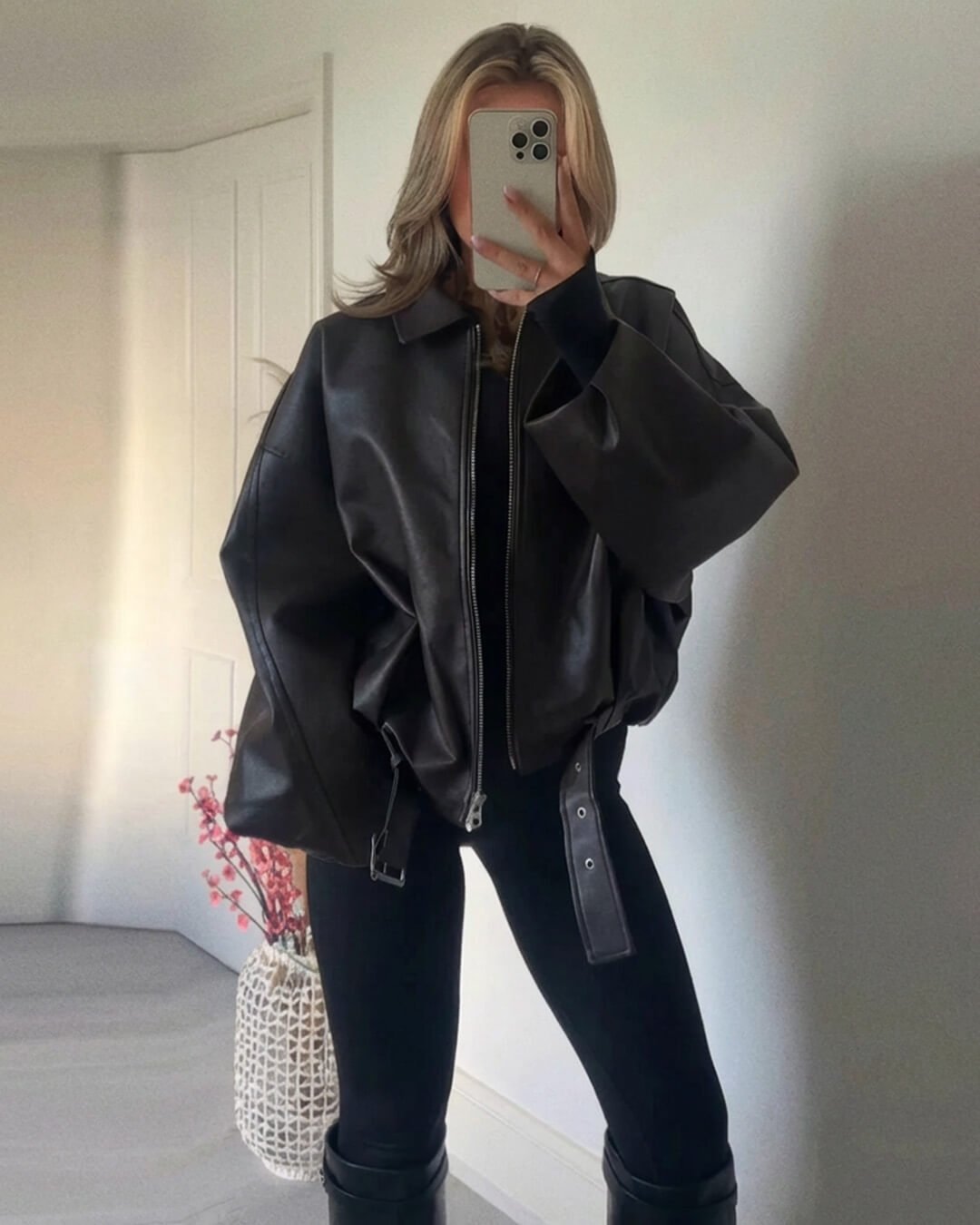 Unisex Oversized Biker Jacket with Belted Waist and Collar - Black