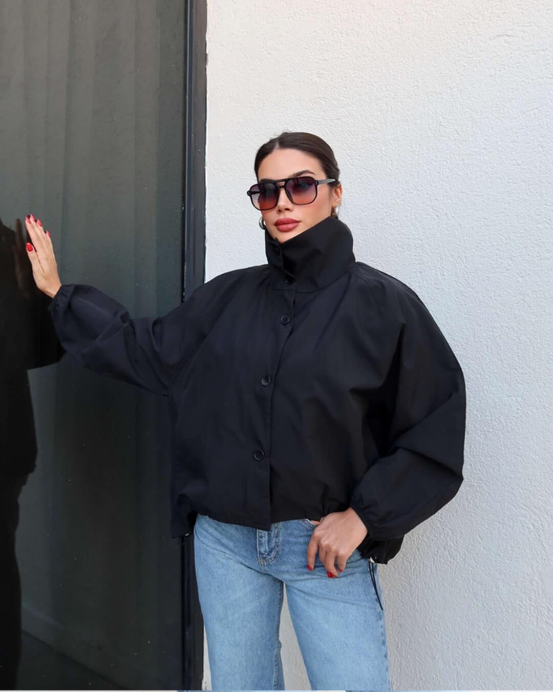 Women's Bomber Jacket High Neck with Puff Sleeves - Black