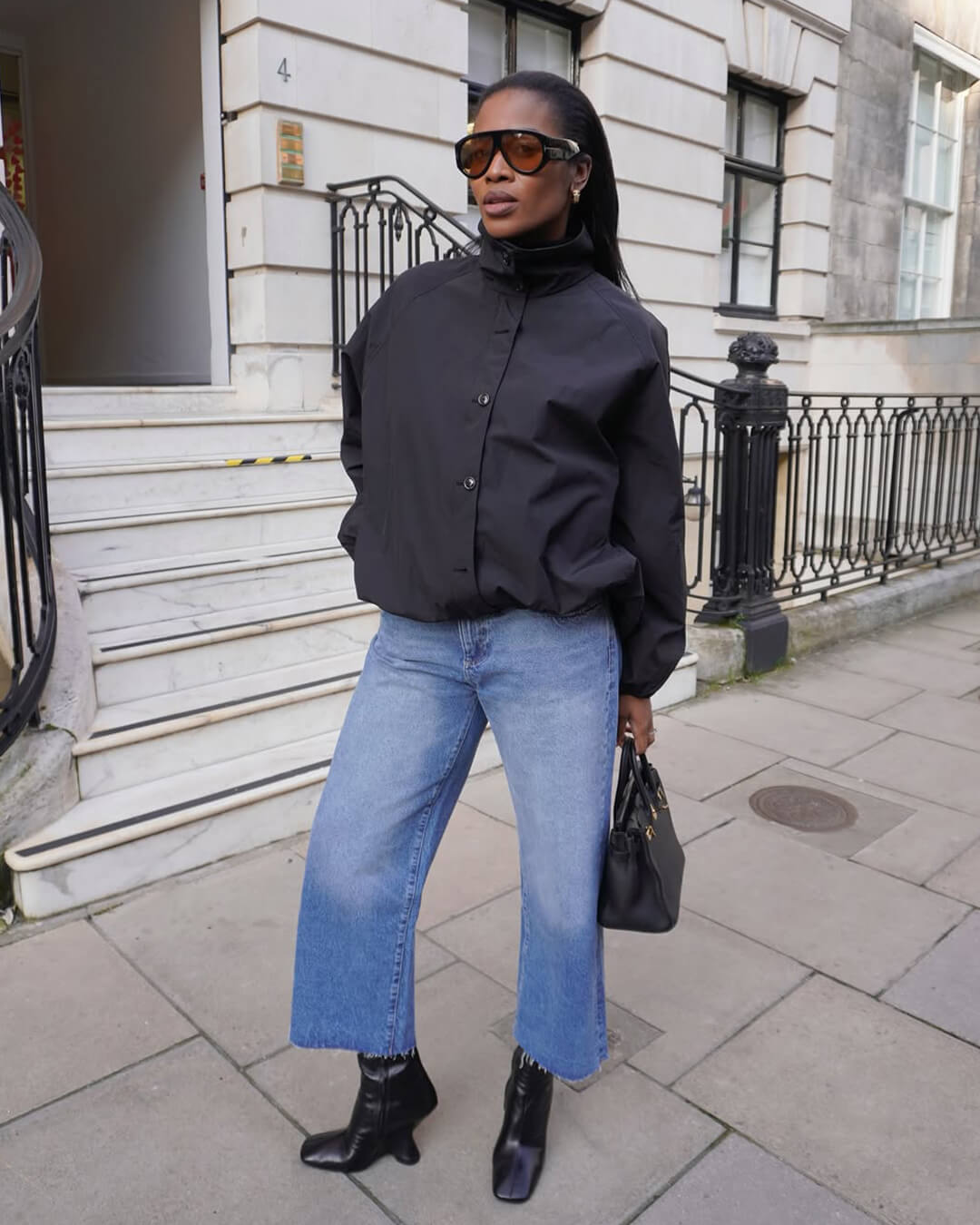 Women's Bomber Jacket High Neck with Puff Sleeves - Black
