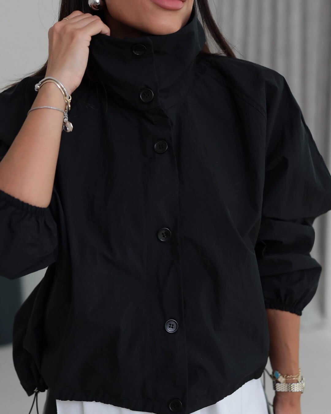 Women's Bomber Jacket High Neck with Puff Sleeves - 12