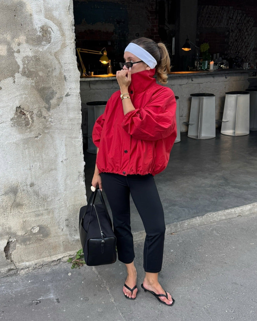 Women's Bomber Jacket High Neck with Puff Sleeves - Red
