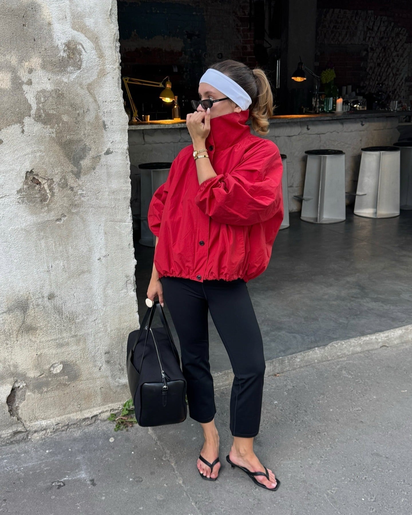 Women's Bomber Jacket High Neck with Puff Sleeves - Red