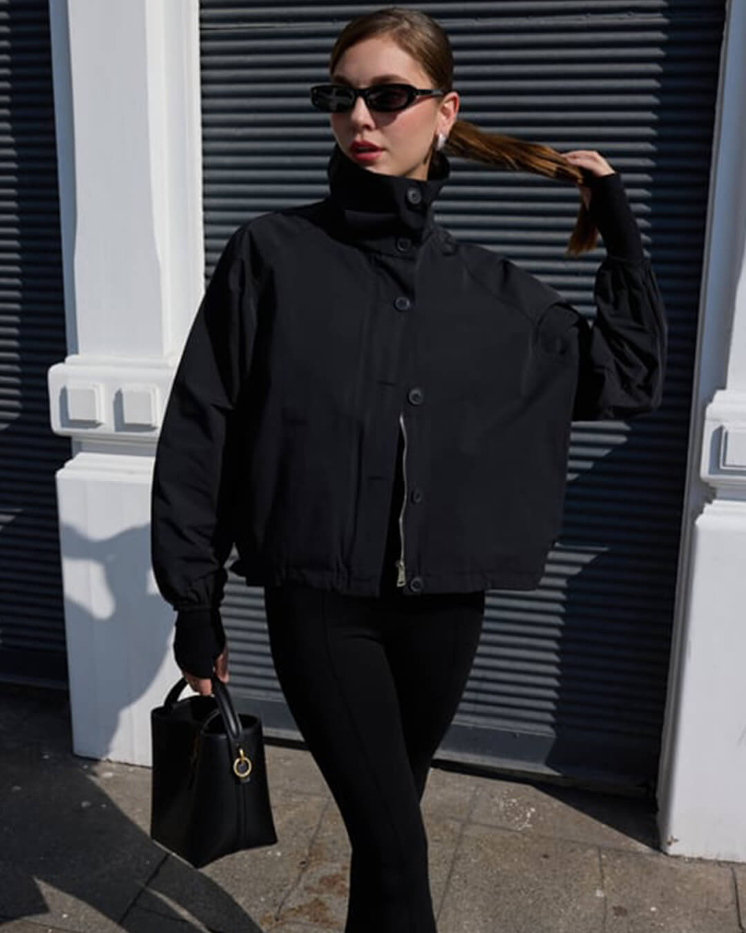 Women's Bomber Jacket High Neck with Puff Sleeves - Black