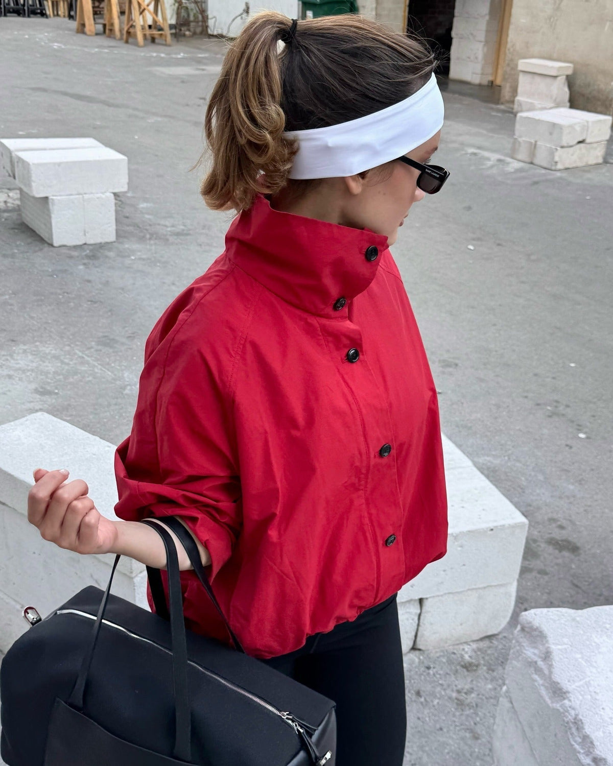 Women's Bomber Jacket High Neck with Puff Sleeves - Red