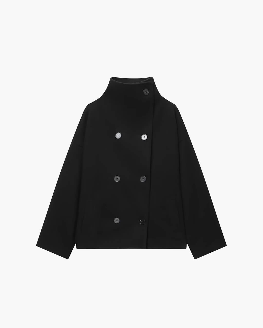 Women's Double Breasted Jacket with Stand Collar and Relaxed Fit - Black