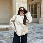 Women's Double Breasted Jacket with Stand Collar and Relaxed Fit - Cream