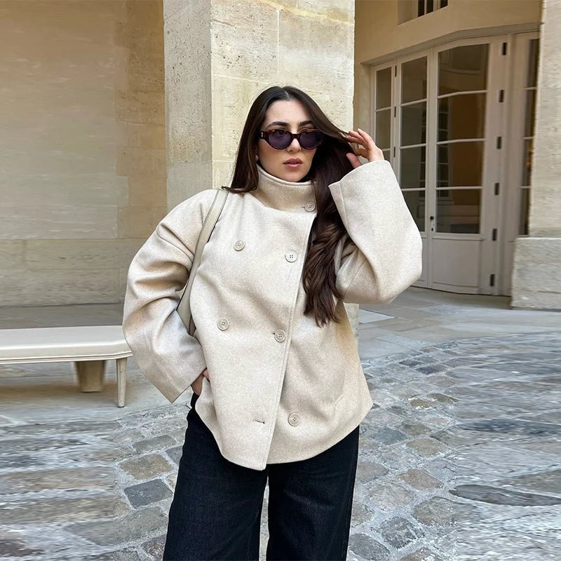 Women's Double Breasted Jacket with Stand Collar and Relaxed Fit - Cream