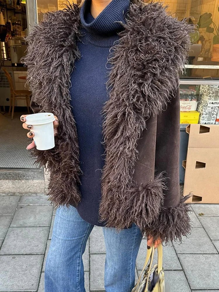 Women's Open Front Coat with Faux Fur Lapel - Brown