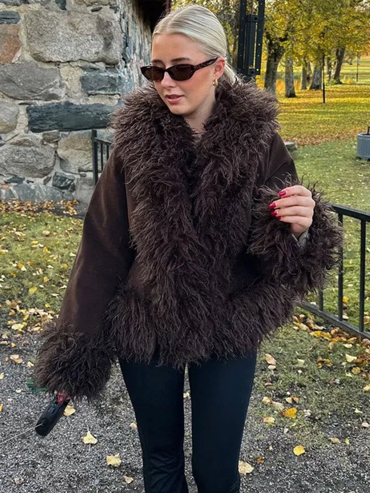 Women's Open Front Coat with Faux Fur Lapel - Brown