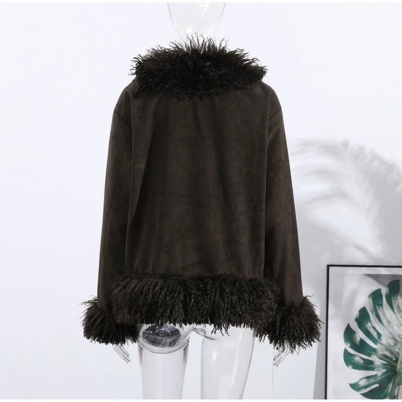 Women's Open Front Coat with Faux Fur Lapel - 10