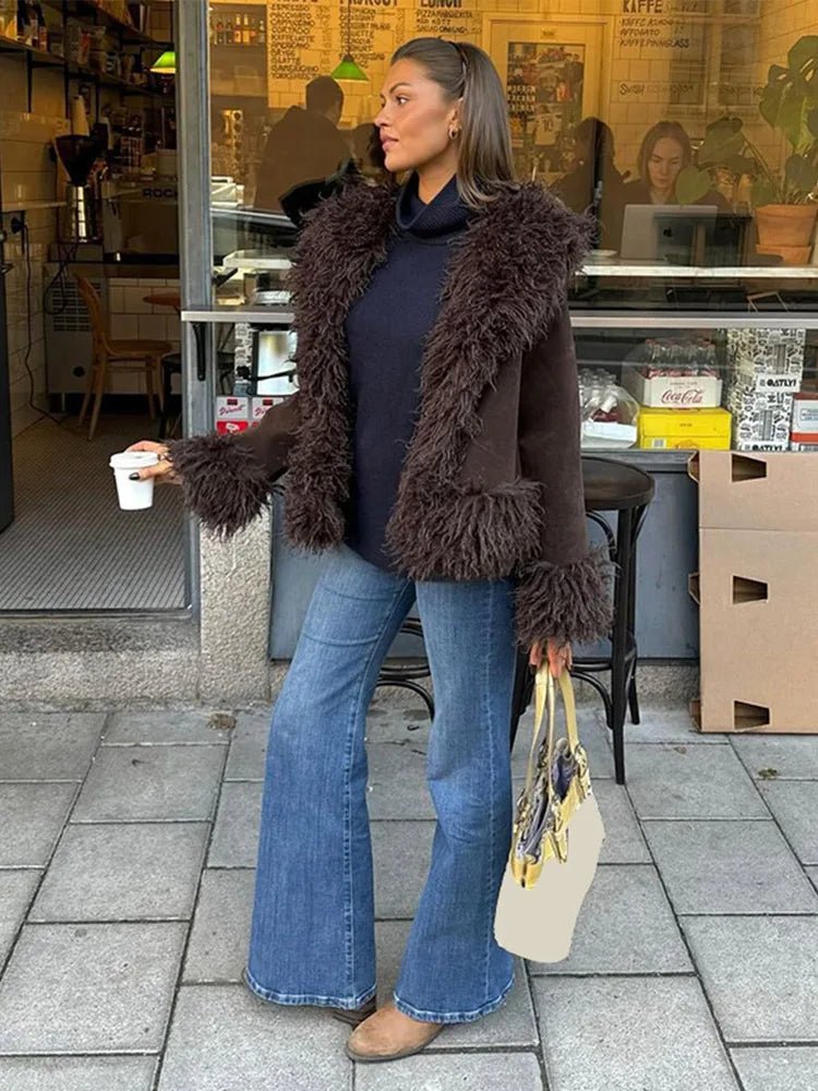 Women's Open Front Coat with Faux Fur Lapel - 6