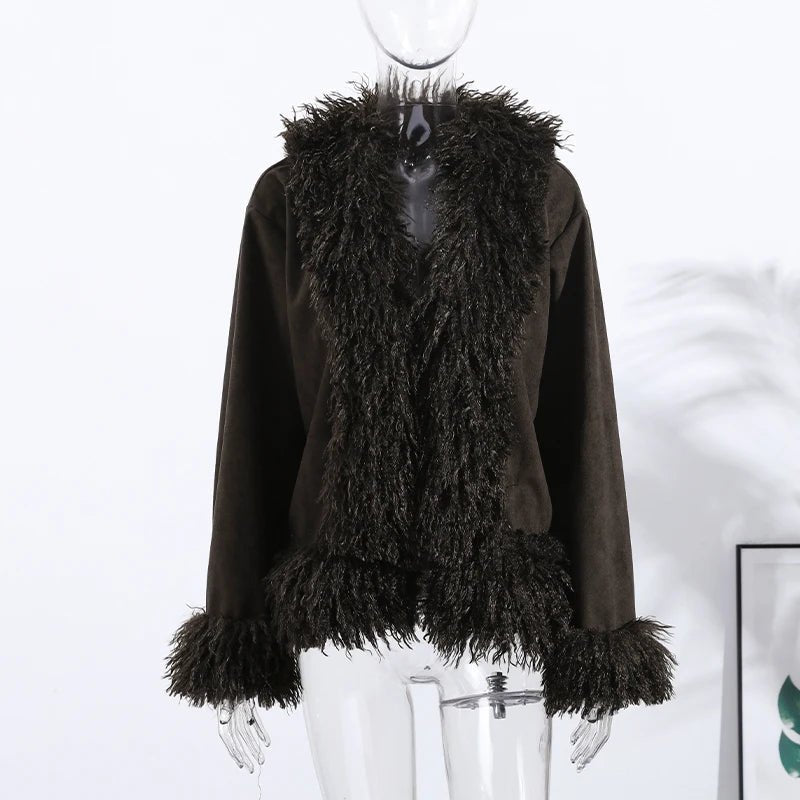 Women's Open Front Coat with Faux Fur Lapel - 7