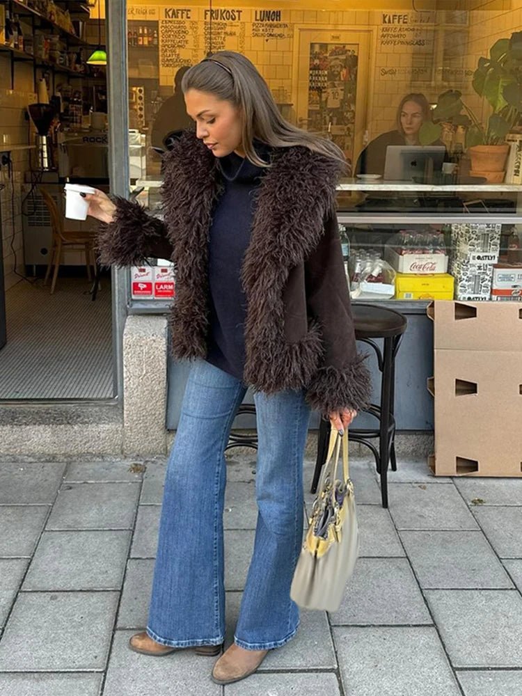 Women's Open Front Coat with Faux Fur Lapel - Brown