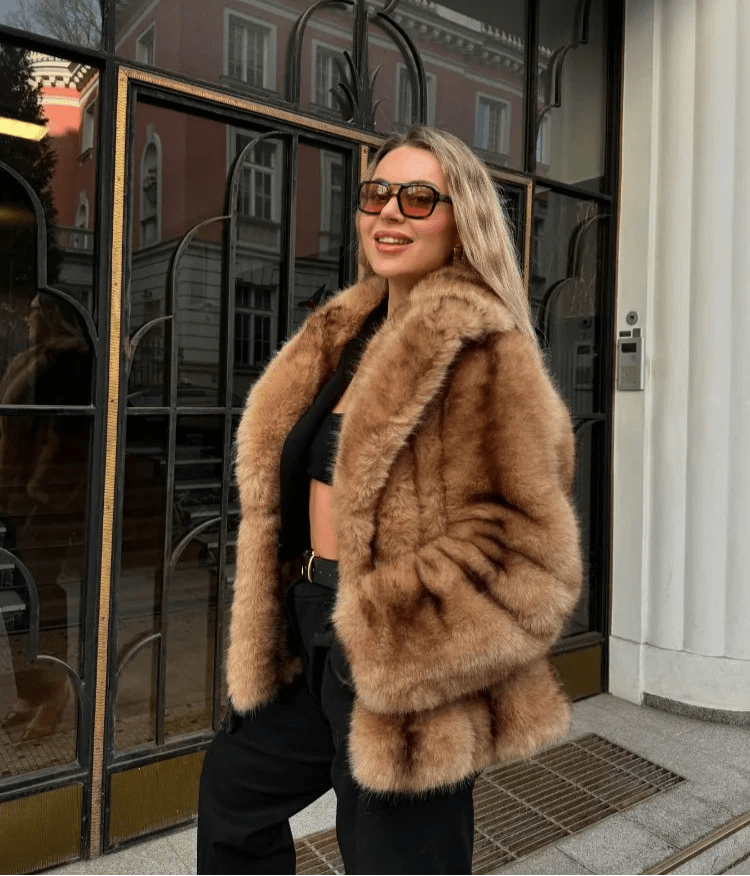 Women's Faux Fur Coat with Turn-Down Collar and Covered Buttons - Brown