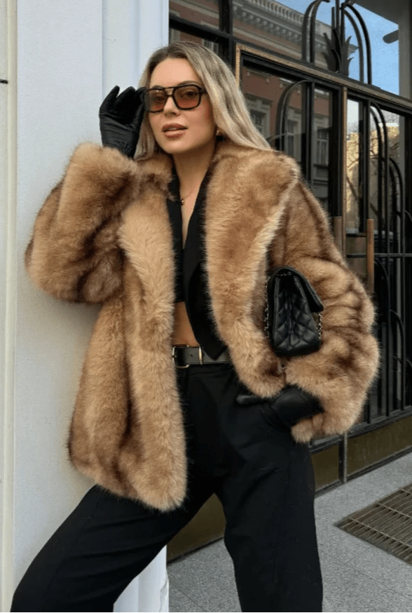 Women's Faux Fur Coat with Turn-Down Collar and Covered Buttons - Brown
