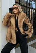 Women's Faux Fur Coat with Turn-Down Collar and Covered Buttons - Brown