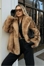 Women's Faux Fur Coat with Turn-Down Collar and Covered Buttons - Brown