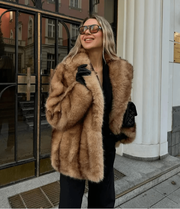 Women's Faux Fur Coat with Turn-Down Collar and Covered Buttons - 2