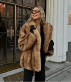 Women's Faux Fur Coat with Turn-Down Collar and Covered Buttons - 2