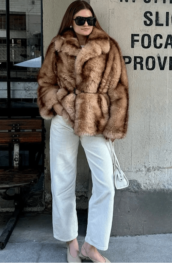 Women's Faux Fur Coat with Turn-Down Collar and Covered Buttons - 6