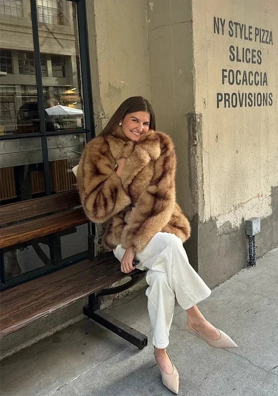Women's Faux Fur Coat with Turn-Down Collar and Covered Buttons - 8