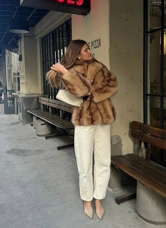 Women's Faux Fur Coat with Turn-Down Collar and Covered Buttons - 7