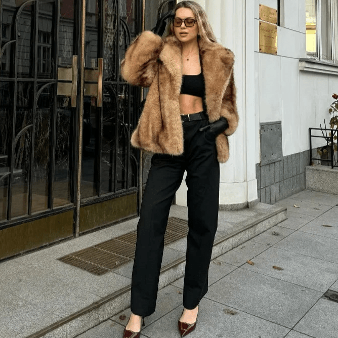 Women's Faux Fur Coat with Turn-Down Collar and Covered Buttons - Brown