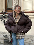Women's Cropped Puffer Jacket with Hood and Relaxed Fit - Brown