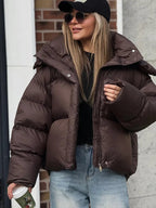 Women's Cropped Puffer Jacket with Hood and Relaxed Fit - 7