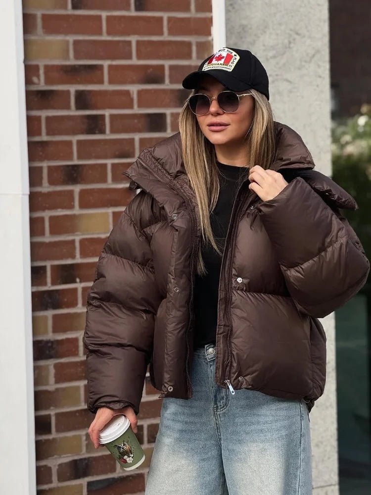 Women's Cropped Puffer Jacket with Hood and Relaxed Fit - Brown