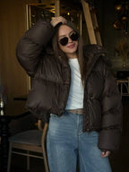 Women's Cropped Puffer Jacket with Hood and Relaxed Fit - 4