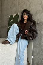 Women's Cropped Faux Leather Jacket with Zip Front and Notch Collar - 5