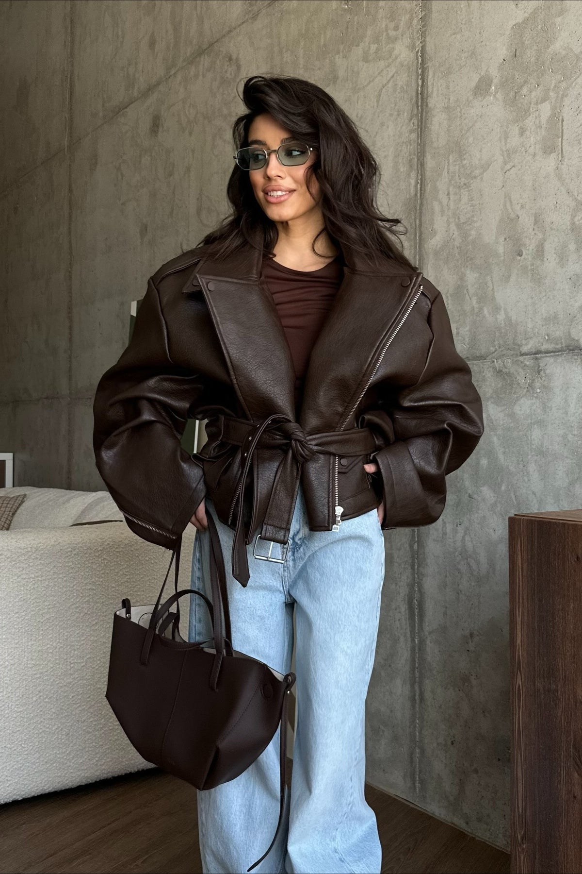 Women's Cropped Faux Leather Jacket with Zip Front and Notch Collar - 4