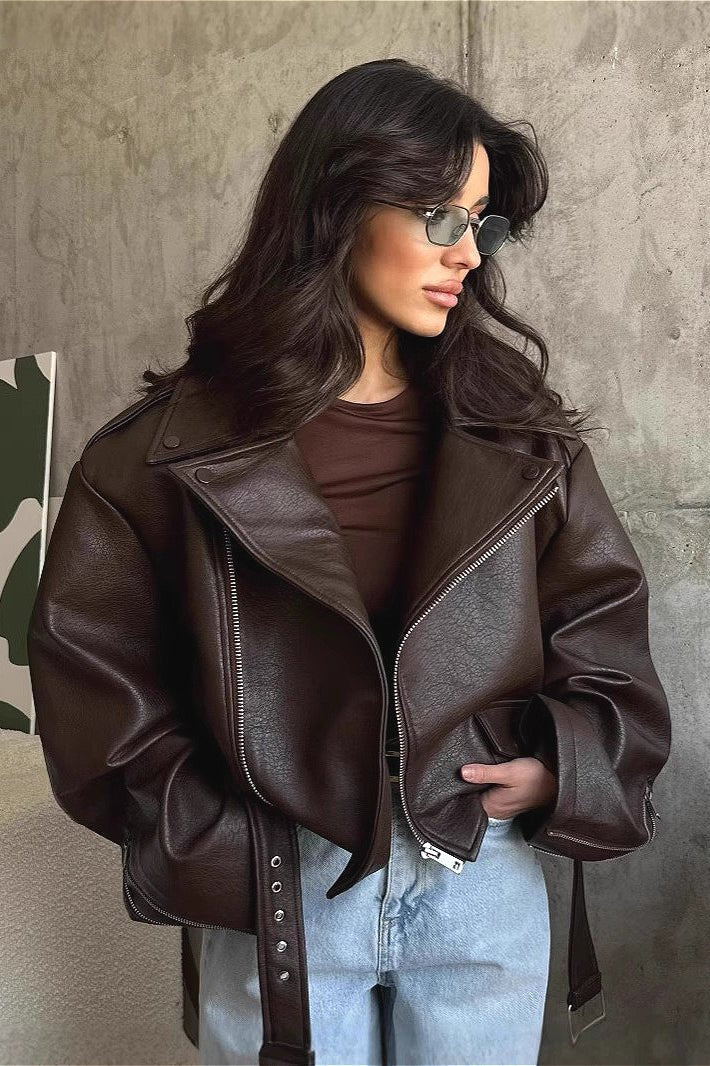 Women's Cropped Faux Leather Jacket with Zip Front and Notch Collar - 2