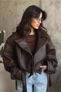 Women's Cropped Faux Leather Jacket with Zip Front and Notch Collar - 2