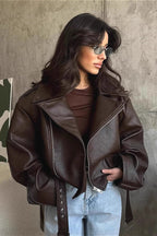 Women's Cropped Faux Leather Jacket with Zip Front and Notch Collar - 2