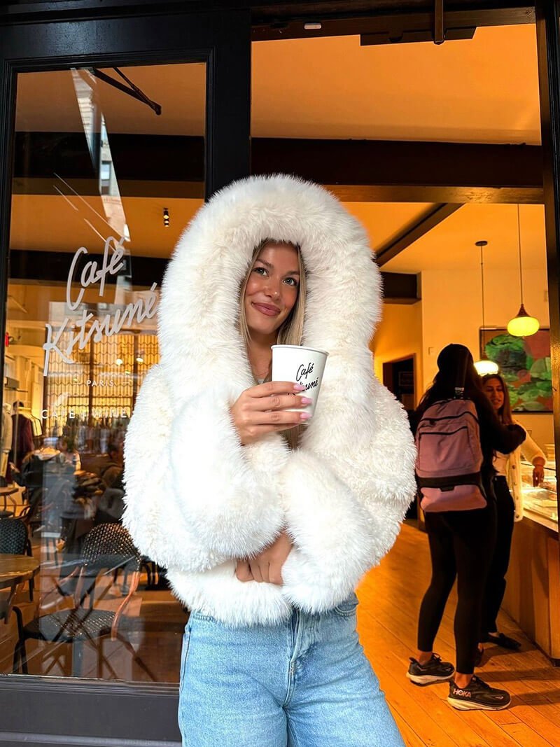 Women's Hooded Faux Fur Jacket with Fluffy Texture - 10