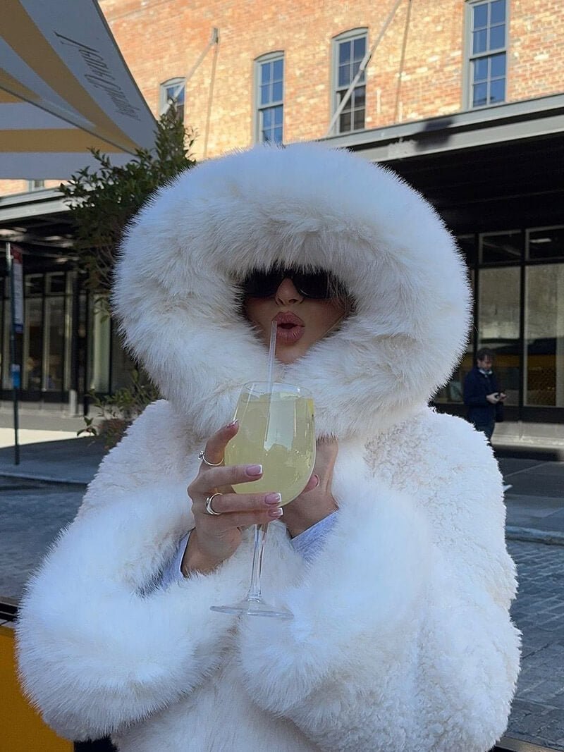 Women's Hooded Faux Fur Jacket with Fluffy Texture - White