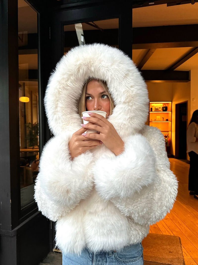 Women's Hooded Faux Fur Jacket with Fluffy Texture - 4
